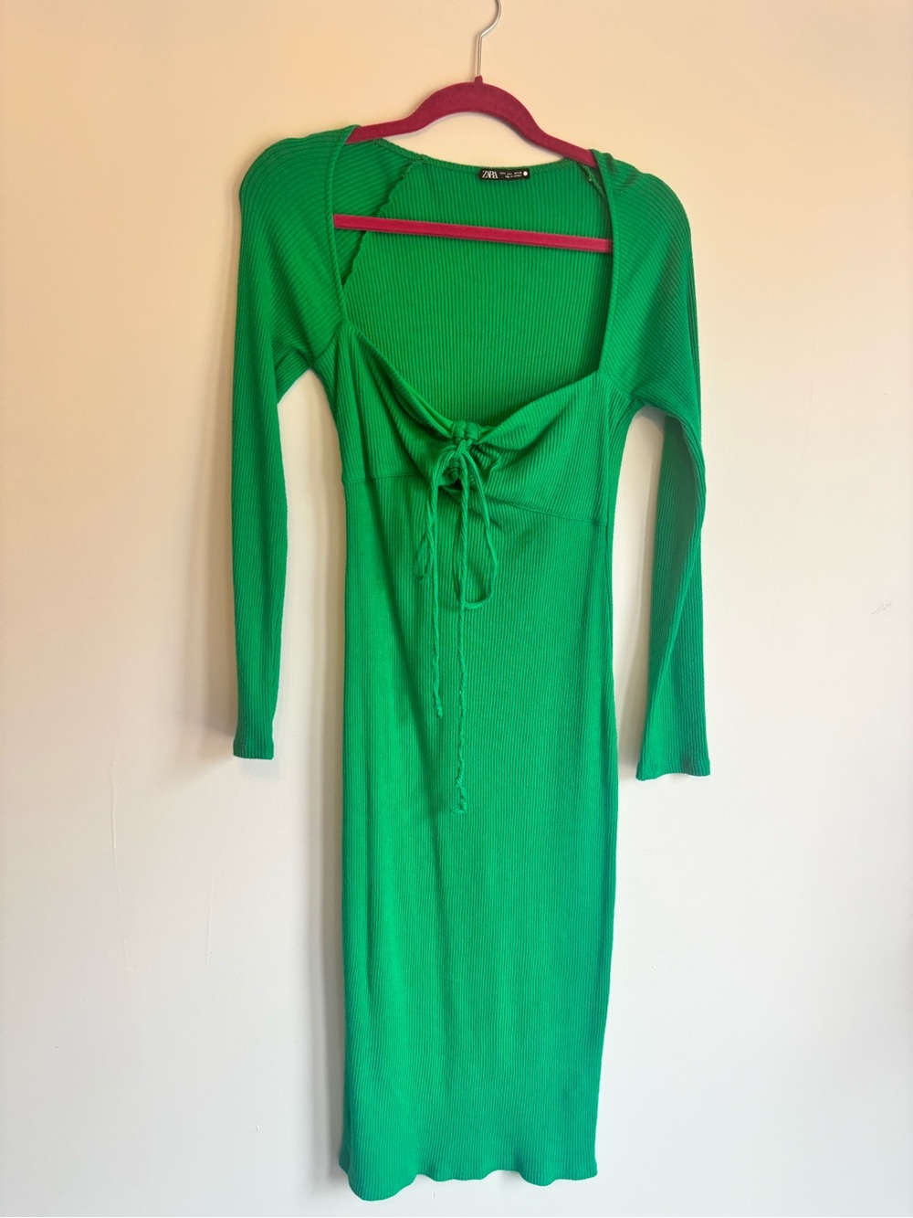 Zara Emerald Green Ribbed Tie-Front Long Sleeve Midi Sweater Dress